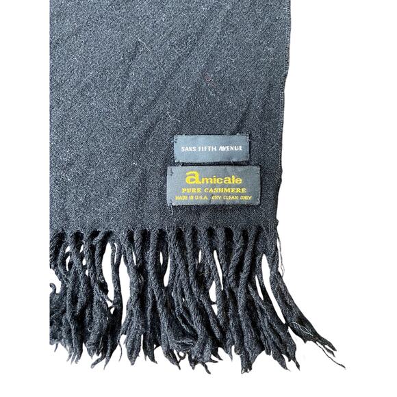 Saks Fifth Avenue Amicale 100% Cashmere Black Scarf 68x15 Fringe USA Made - Picture 2 of 6